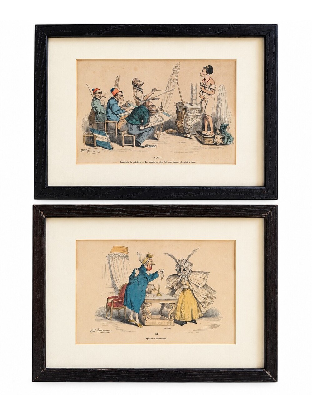 Antique J.J. Grandville French Hand Colored Lithograph Prints Framed Pair